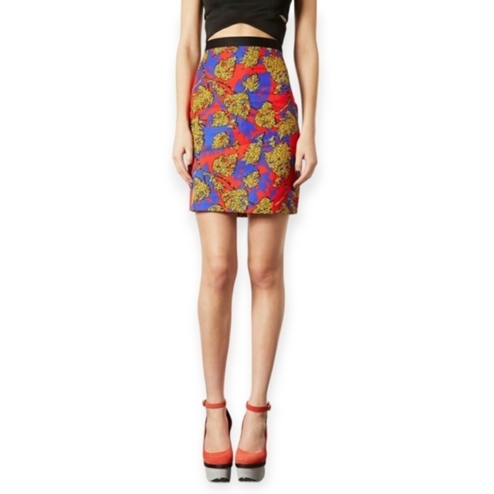 TOPSHOP Abstract Leopard Monstera Leaf Print Skirt Red Blue SZ 6